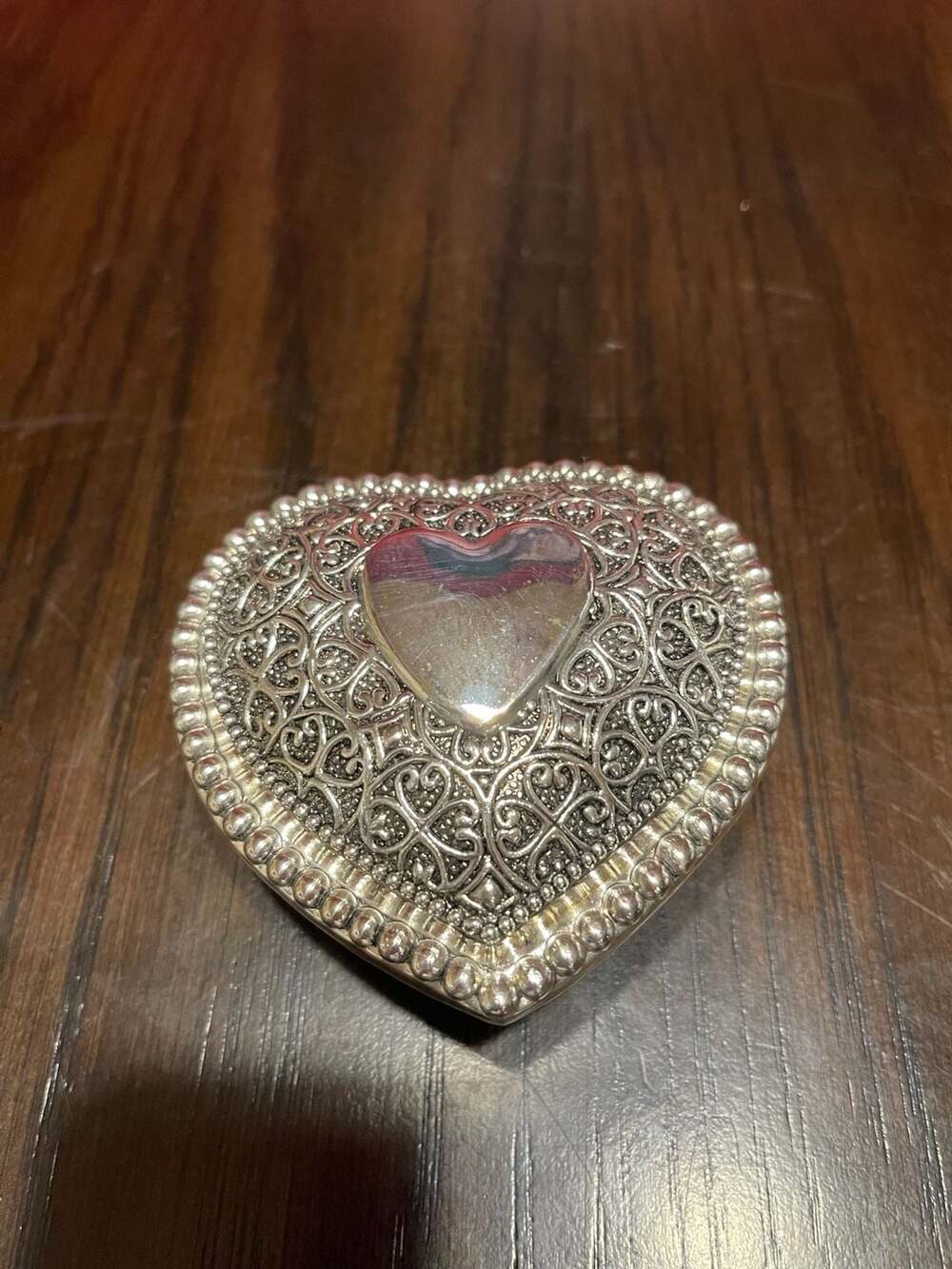 Vntg Silver Plated Heart-Shaped Trinket Box w/ Velvet Lining & Filigree Design